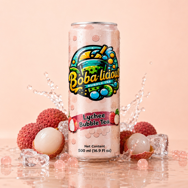 Bobalicious Lychee Bubble Tea 500 ml can with lychee fruit, ice, water splash, and boba pearls.
