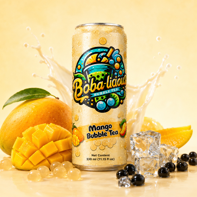 Bobalicious Mango Bubble Tea 330 ml can with mango pieces, ice cubes, tapioca pearls and yellow splash background.