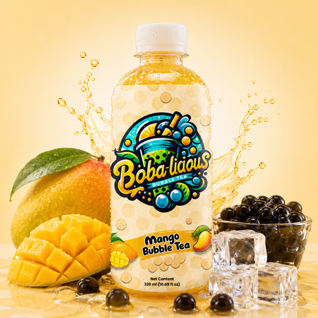 Bobalicious Mango Bubble Tea 320ml bottle with mango slices, boba pearls and ice on a yellow background.