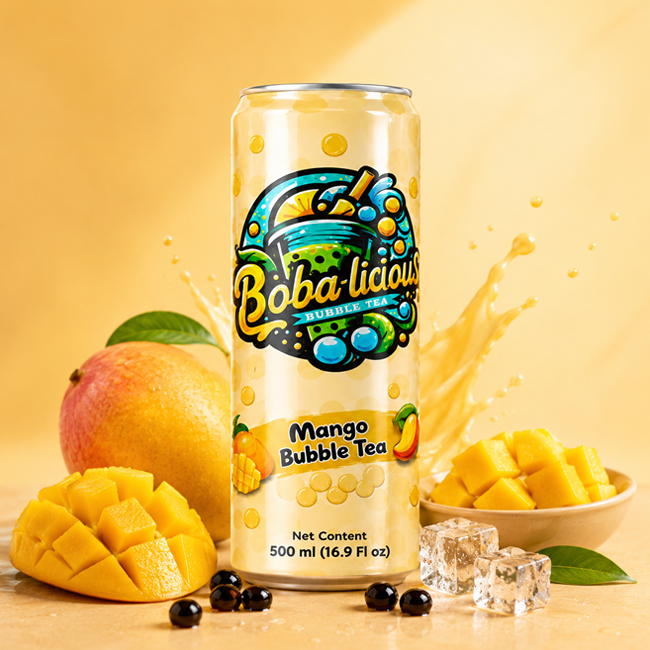 Bobalicious Mango Bubble Tea 500 ml can with mango fruit, ice, splash effect, and tapioca pearls.