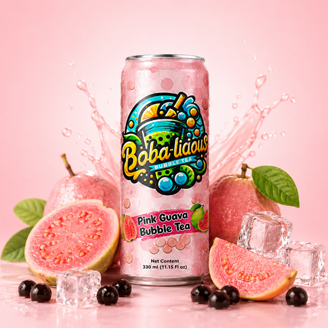 Bobalicious Pink Guava Bubble Tea 330 ml can with guava fruit, ice cubes, tapioca pearls and pink splash background.