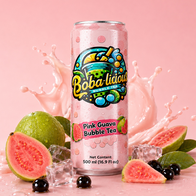 Bobalicious Pink Guava Bubble Tea 500 ml can with guava fruit, ice, milk splash, and tapioca pearls.