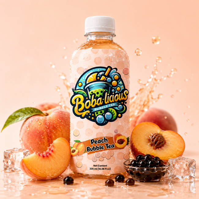 Bobalicious Peach Bubble Tea 320ml bottle with fresh peaches, boba pearls and ice on a peach background.