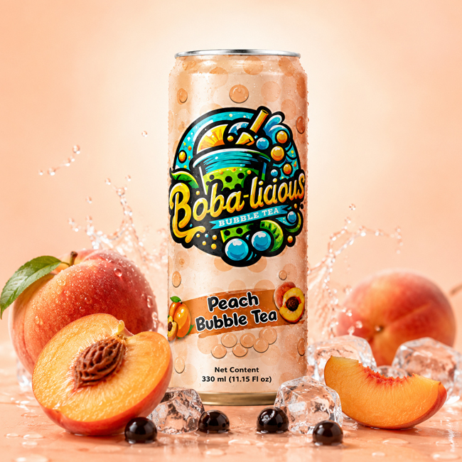 Bobalicious Peach Bubble Tea 330 ml can with peach slices, ice cubes, tapioca pearls and peach splash background.