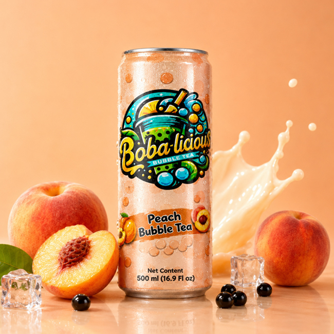 Bobalicious Peach Bubble Tea 500 ml can with peach fruit, ice, milk splash, and tapioca pearls.