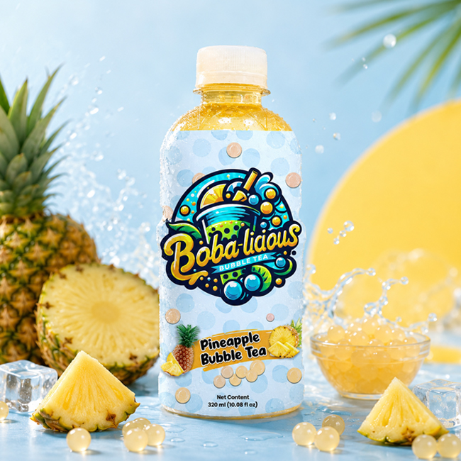Bobalicious Pineapple Bubble Tea 320ml bottle with pineapple, boba pearls and ice on a blue tropical background.