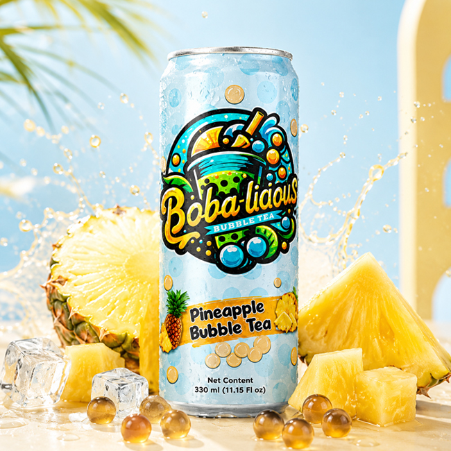 Bobalicious Pineapple Bubble Tea 330 ml can with pineapple slices, ice cubes, popping pearls and tropical blue background.