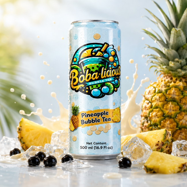 Bobalicious Pineapple Bubble Tea 500 ml can with pineapple fruit, ice, milk splash, and boba pearls.