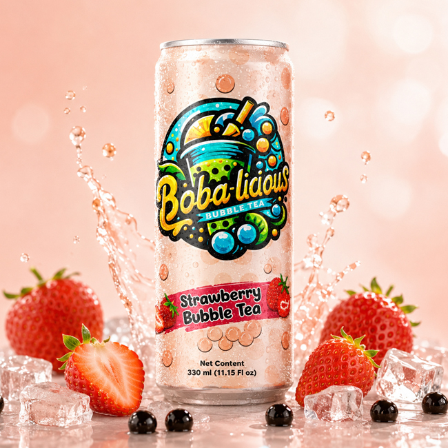 Bobalicious Strawberry Bubble Tea 330 ml can with fresh strawberries, ice cubes, tapioca pearls and pink splash background.