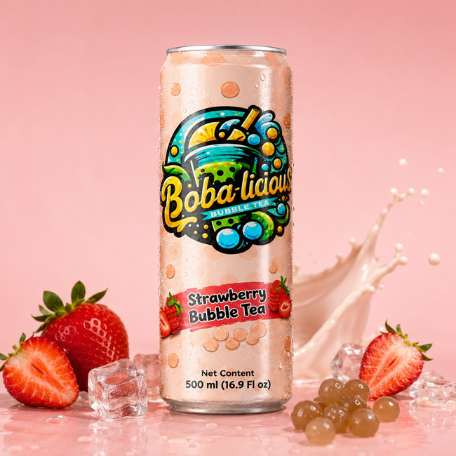 Bobalicious Strawberry Bubble Tea 500 ml can with strawberries, ice, milk splash, and popping boba.