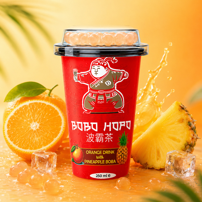 Bobo Hopo Orange Drink with Pineapple Boba 250 ml cup with orange, pineapple, ice, and boba pearls.