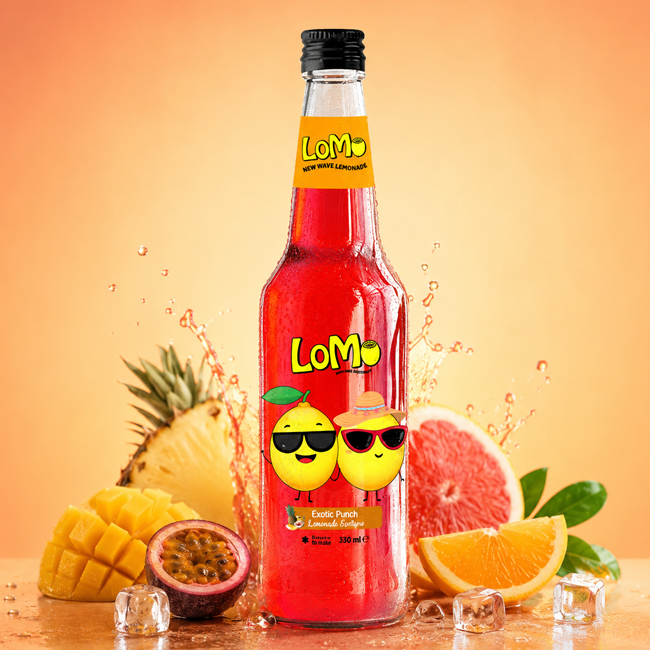 LoMo Exotic Punch 330 ml lemonade bottle with pineapple, mango, passion fruit, citrus, and ice.