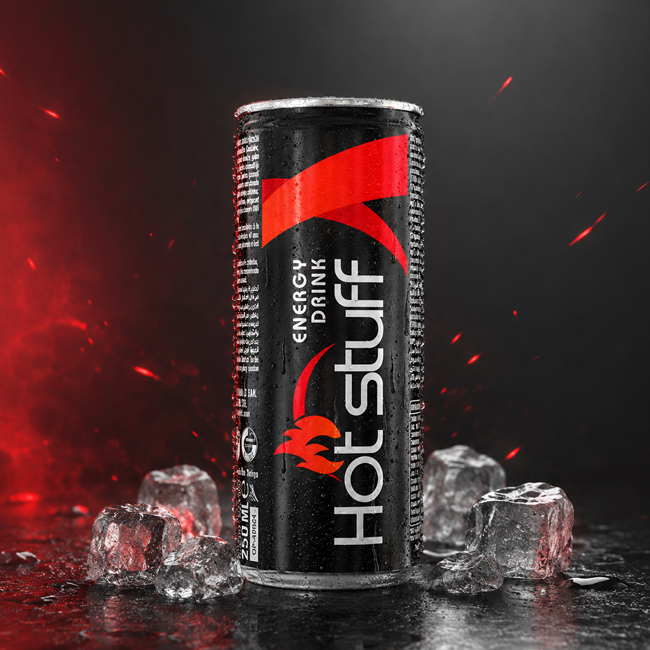 Hot Stuff energy drink can with black and red branding, ice cubes, water droplets and smoky red background.