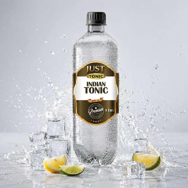 Just Tonic Indian Tonic 1 Ltr PET bottle with lemon, lime, ice, and water splash.