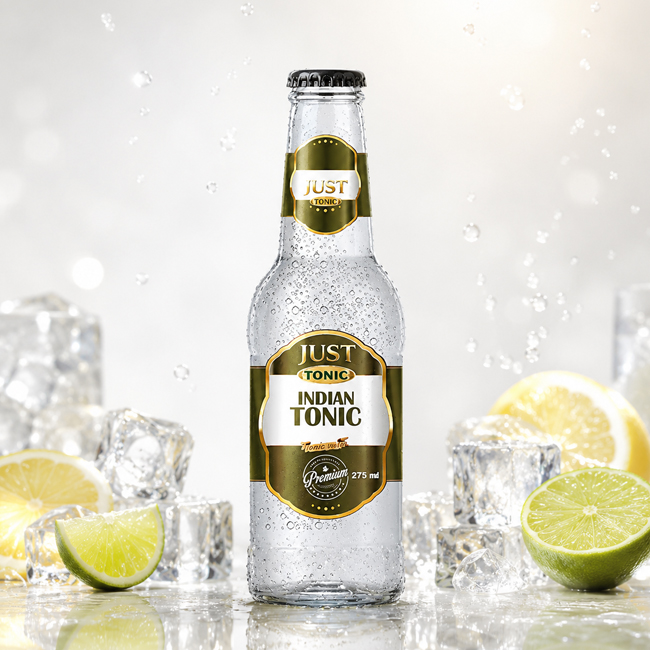 JUST Tonic Indian Tonic 275 ml glass bottle with lime, lemon, ice, and water splash on a clean white background.