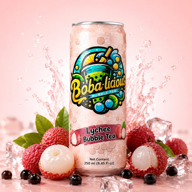Bobalicious Lychee Bubble Tea 250 ml can with lychee fruit, ice cubes and tapioca pearls on a pink splash background.