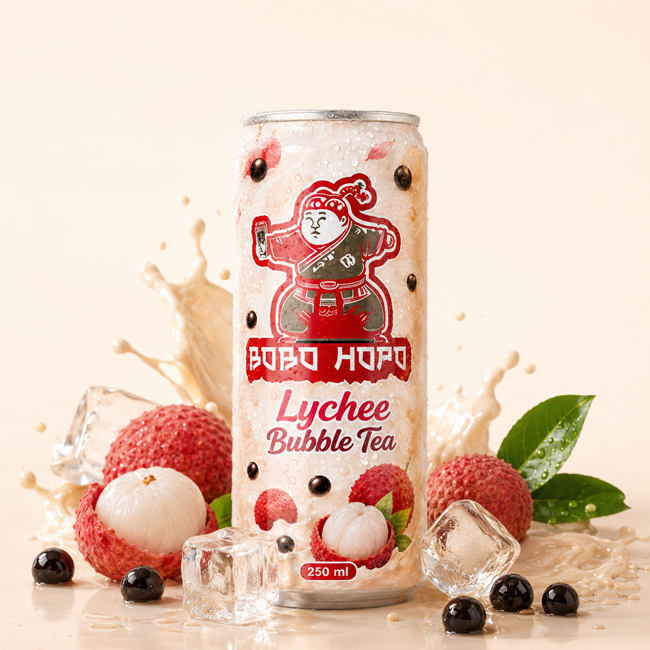 Bobo Hopo Lychee Bubble Tea 250ml can with lychee fruit, tapioca pearls, ice cubes and creamy splash background.