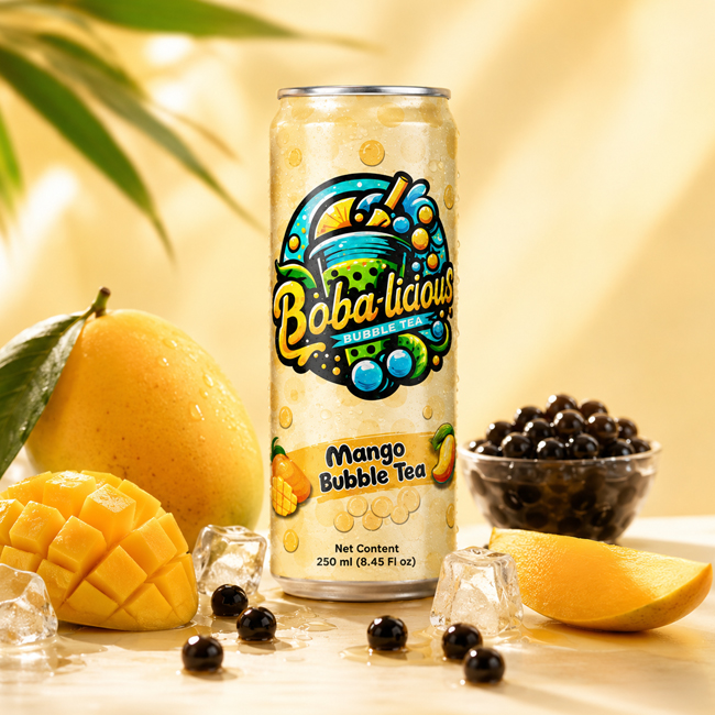Bobalicious Mango Bubble Tea 250 ml can with mango slices, ice cubes and tapioca pearls on a yellow background.