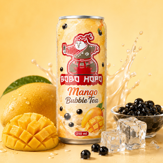 Bobo Hopo Mango Bubble Tea 250ml can with mango fruit, tapioca pearls, ice cubes and creamy splash background.