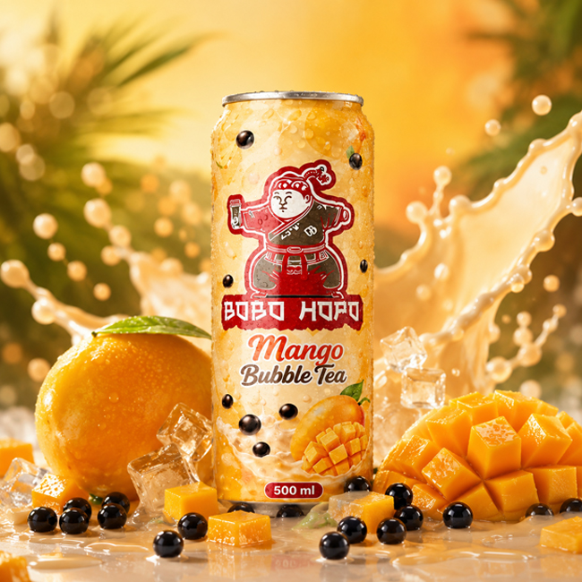Bobo Hopo Mango Bubble Tea 500ml can with mango fruit, tapioca pearls and ice splash background.