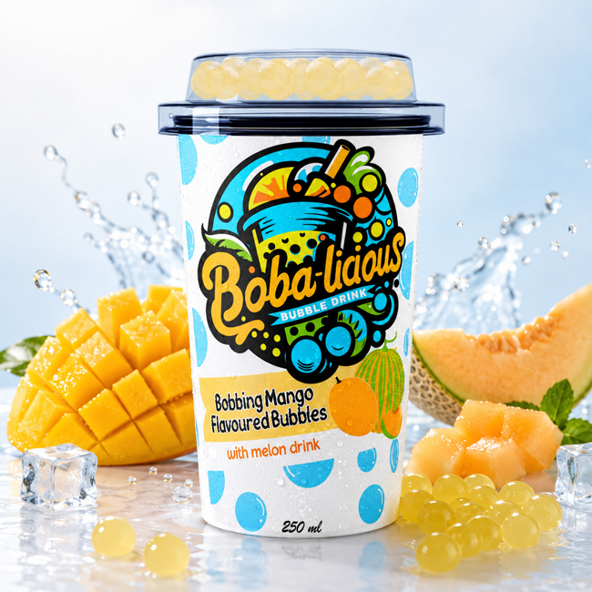 Bobalicious 250 ml cup with bobbing mango flavoured bubbles and melon drink, shown with mango and melon.