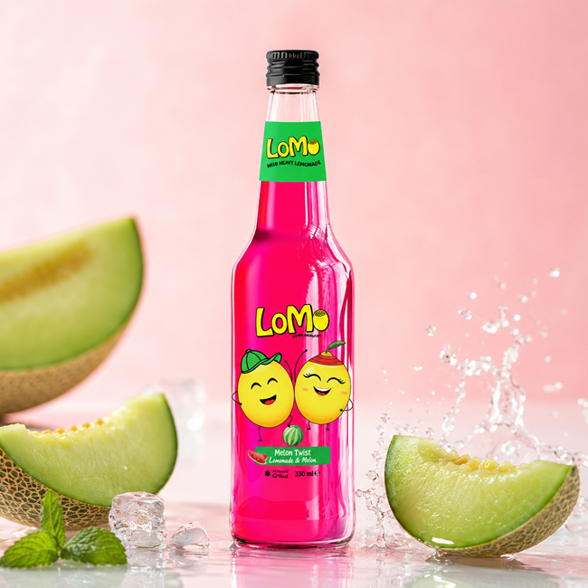 LoMo Melon Twist 330 ml lemonade bottle with melon slices, mint, ice, and pink splash background.