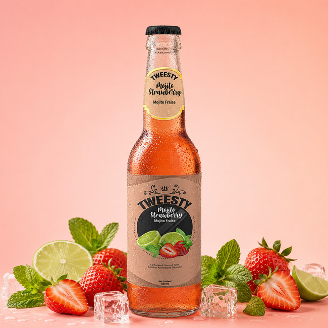 Tweesty Mojito Strawberry 330 ml sparkling drink bottle displayed with strawberries, lime slices, mint leaves, and ice on a pink background.