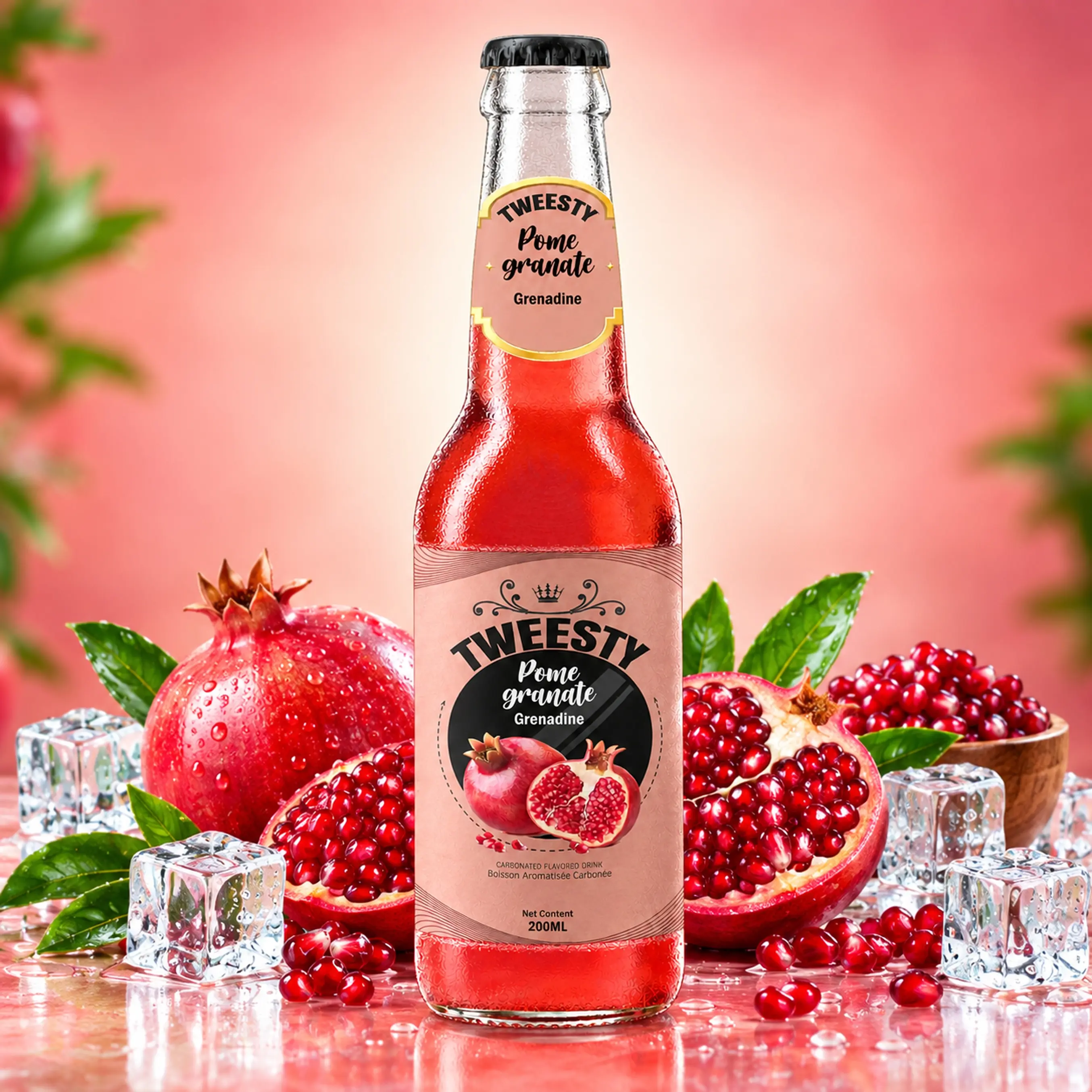 TWEESTY Pomegranate carbonated flavoured drink 200ml glass bottle with fresh pomegranate and ice