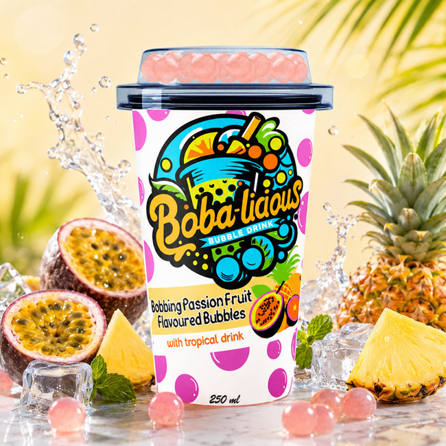 Bobalicious 250 ml cup with bobbing passion fruit flavoured bubbles and tropical drink, shown with passion fruit and pineapple.