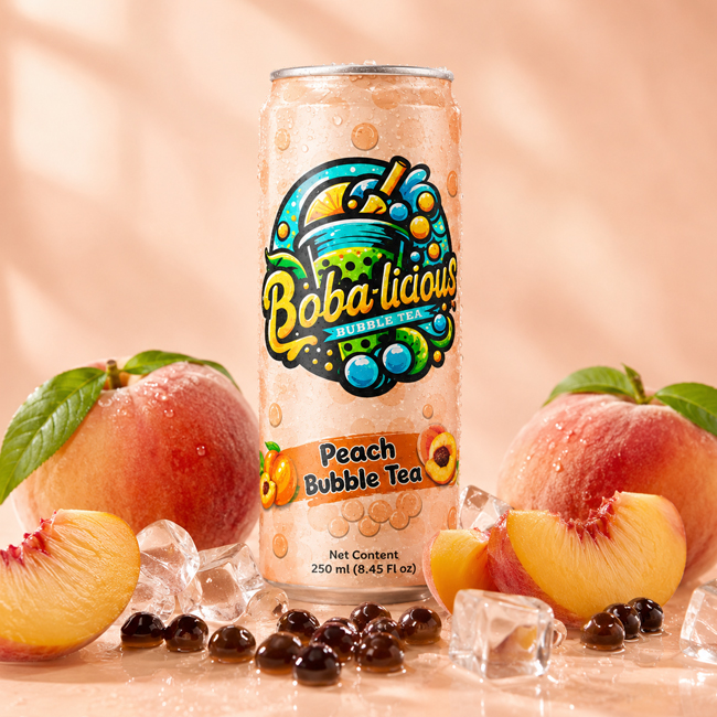 Bobalicious Peach Bubble Tea 250 ml can with fresh peaches, ice cubes and tapioca pearls on a peach background.