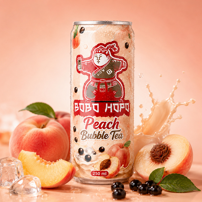 Bobo Hopo Peach Bubble Tea 250ml can with peach fruit, tapioca pearls, ice cubes and creamy splash background.