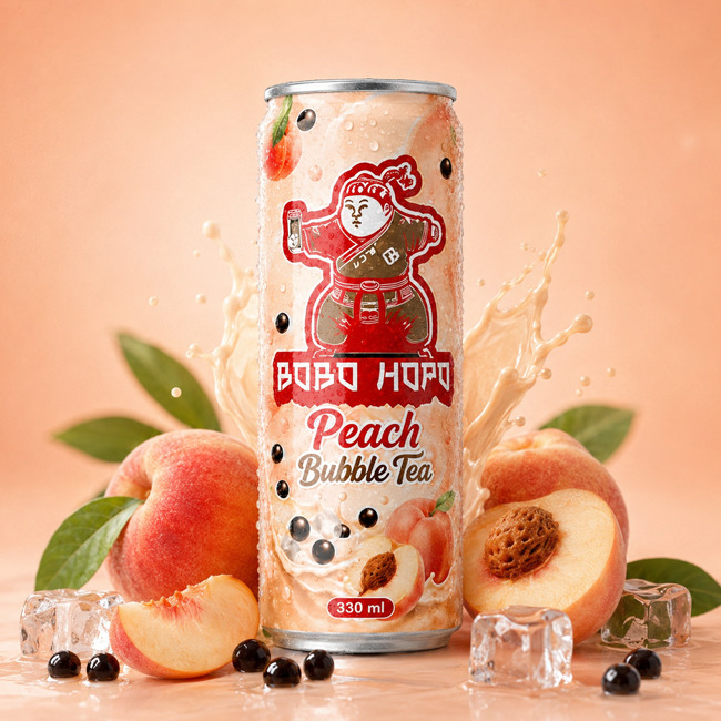 Bobo Hopo Peach Bubble Tea 330ml can with fresh peaches, tapioca pearls, ice cubes and creamy splash background.