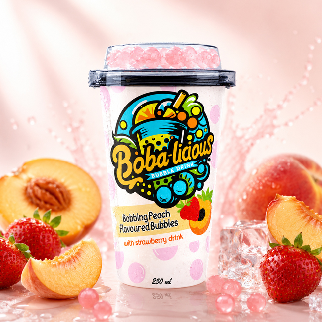 Bobalicious 250 ml cup with bobbing peach flavoured bubbles and strawberry drink, shown with peach and strawberries.