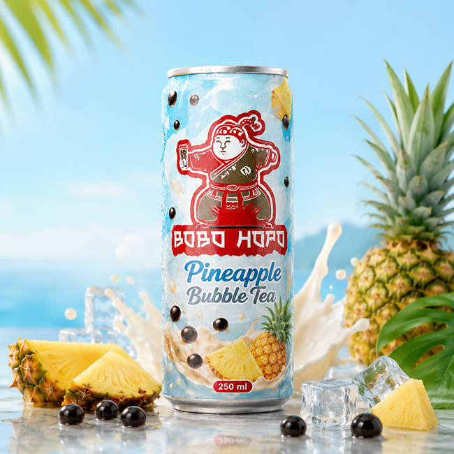 Bobo Hopo Pineapple Bubble Tea 250ml can with pineapple pieces, tapioca pearls and tropical blue background.