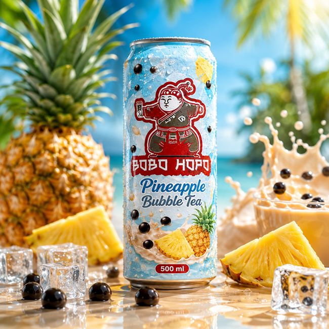 Bobo Hopo Pineapple Bubble Tea 500ml can with pineapple slices, tapioca pearls and tropical splash background.