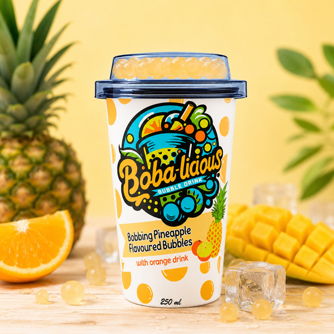 Bobalicious 250 ml cup with bobbing pineapple flavoured bubbles and orange drink, shown with pineapple, mango and orange.