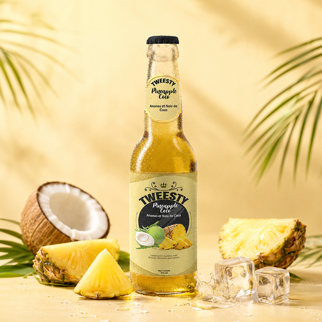 Tweesty Pineapple Coco 330 ml sparkling drink bottle displayed with pineapple pieces, coconut, and ice on a tropical yellow background.