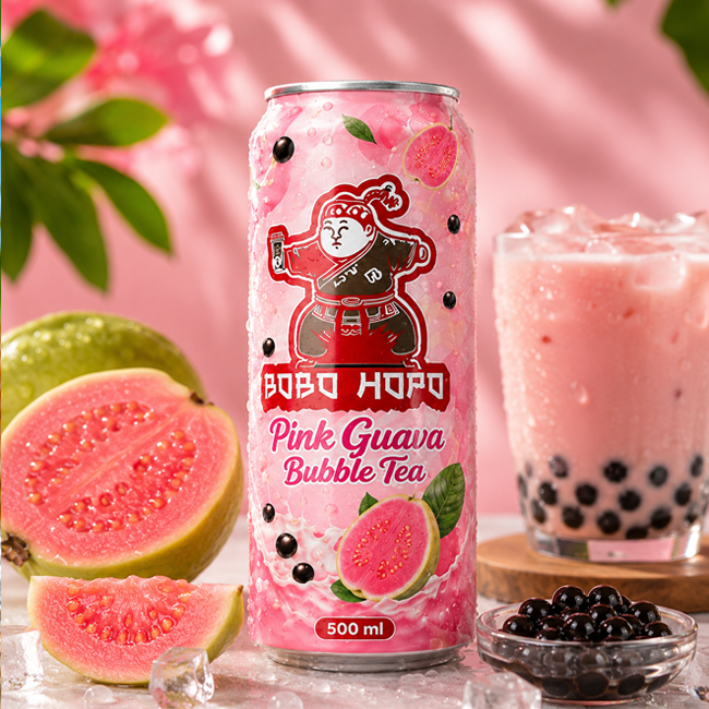 Bobo Hopo Pink Guava Bubble Tea 500ml can with pink guava, tapioca pearls and pink milk tea glass.