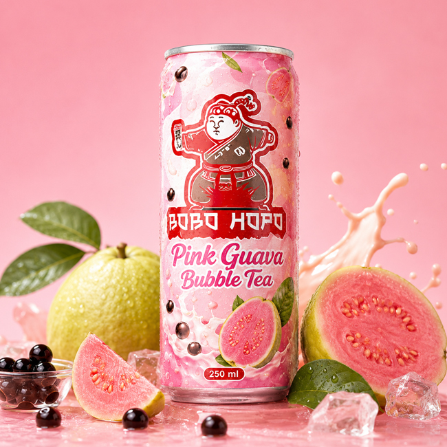 Bobo Hopo Pink Guava Bubble Tea 250ml can with guava fruit, tapioca pearls and pink splash background.