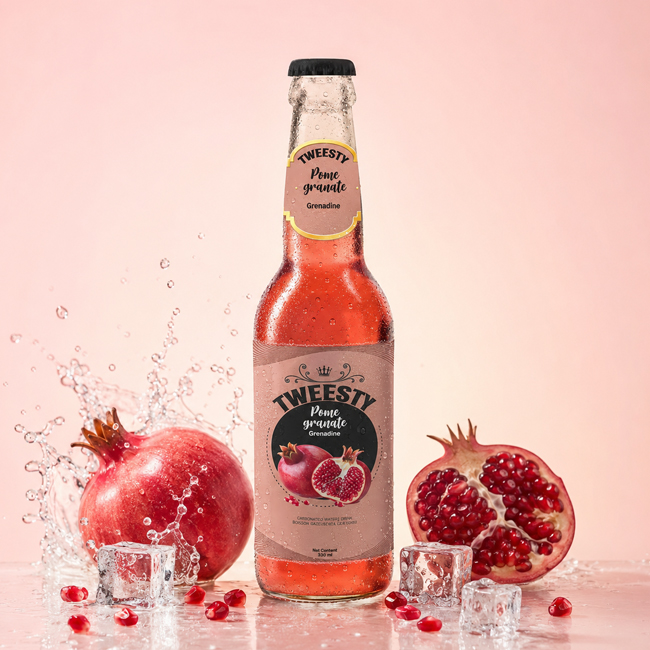 Tweesty Pomegranate 330 ml sparkling drink bottle displayed with whole and cut pomegranate, scattered seeds, ice, and a splash on a pink background.