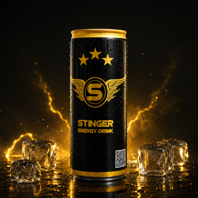 Stinger energy drink can with black and gold branding, ice cubes, water droplets and dramatic golden lightning background.