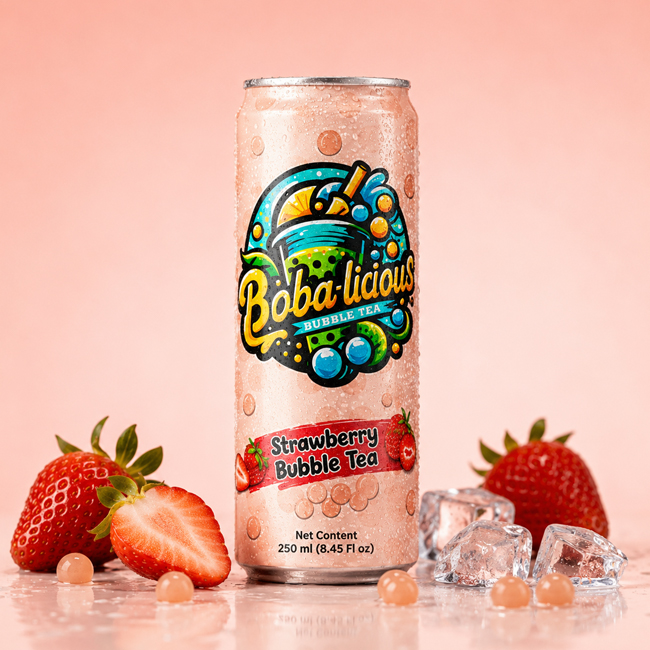 Bobalicious Strawberry Bubble Tea 250 ml can with fresh strawberries, ice cubes and popping boba on a pink background.