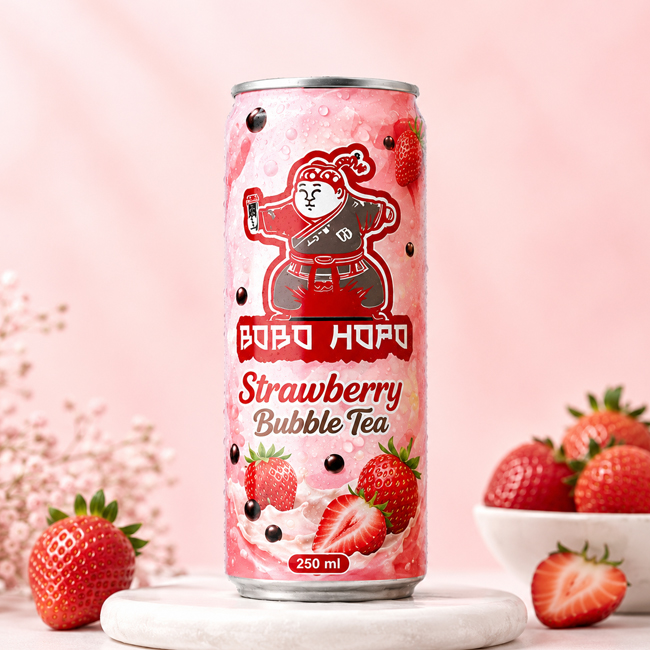 Bobo Hopo Strawberry Bubble Tea 250ml can with fresh strawberries and soft pink studio background.