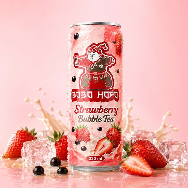 Bobo Hopo Strawberry Bubble Tea 330ml can with fresh strawberries, tapioca pearls, ice cubes and creamy splash background.