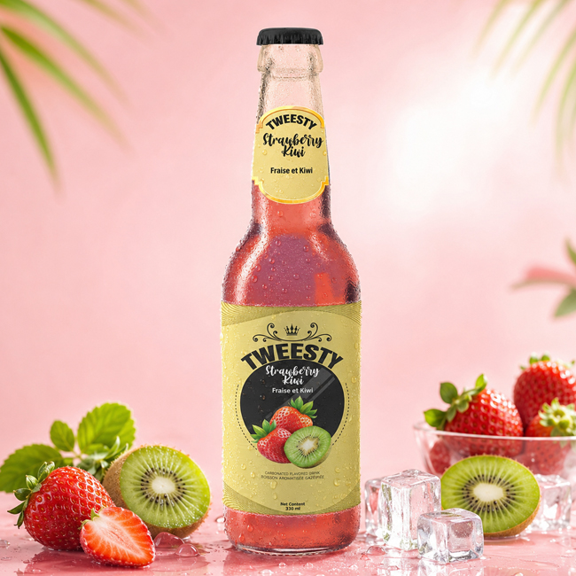 Tweesty Strawberry Kiwi 330 ml sparkling drink bottle displayed with fresh strawberries, kiwi slices, and ice on a pink background.