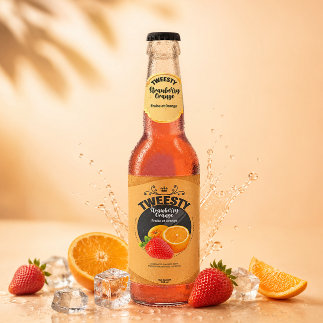 Tweesty Strawberry Orange 330 ml sparkling drink bottle displayed with strawberries, orange slices, ice, and a splash on a warm beige background.