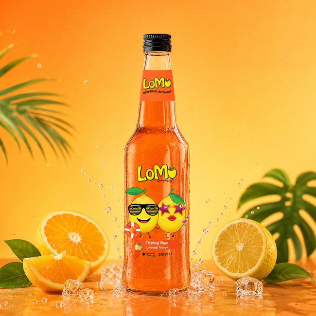 LoMo Tropical Wave 330 ml lemonade bottle with citrus fruits, ice, and tropical orange background.