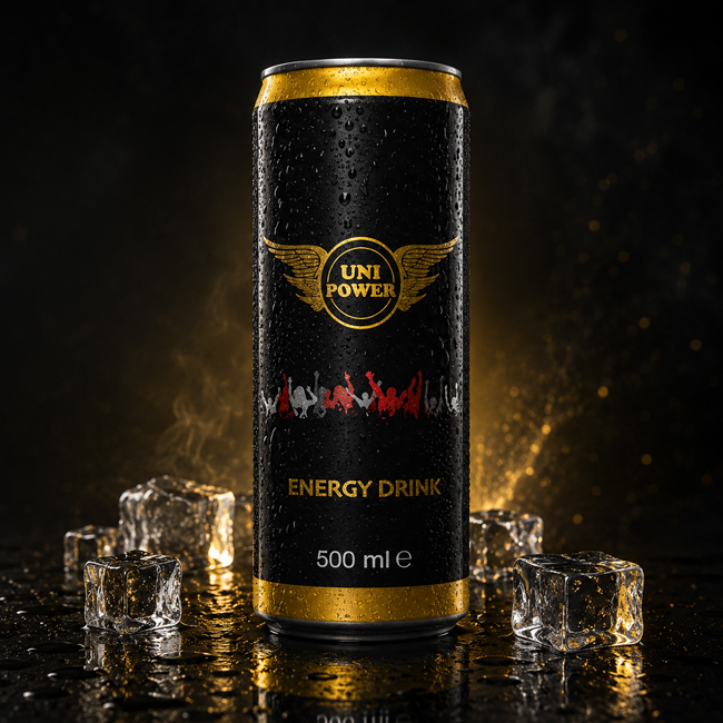 Uni Power 500 ml energy drink can with black and gold branding, ice cubes, condensation and dark premium background.