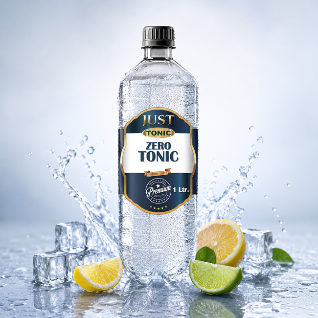 Just Tonic Zero Tonic 1 Ltr PET bottle with lemon, lime, ice, and blue water splash.