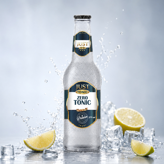 Just Tonic Zero Tonic 275 ml glass bottle with lemon, lime, ice, and water splash on a cool blue background.